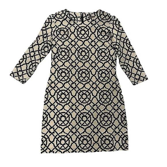 J. McLaughlin Dresses & Skirts - J. McLaughlin Devon Ponte Black Tan Scribe Print Knit Dress Women’s Medium EUC